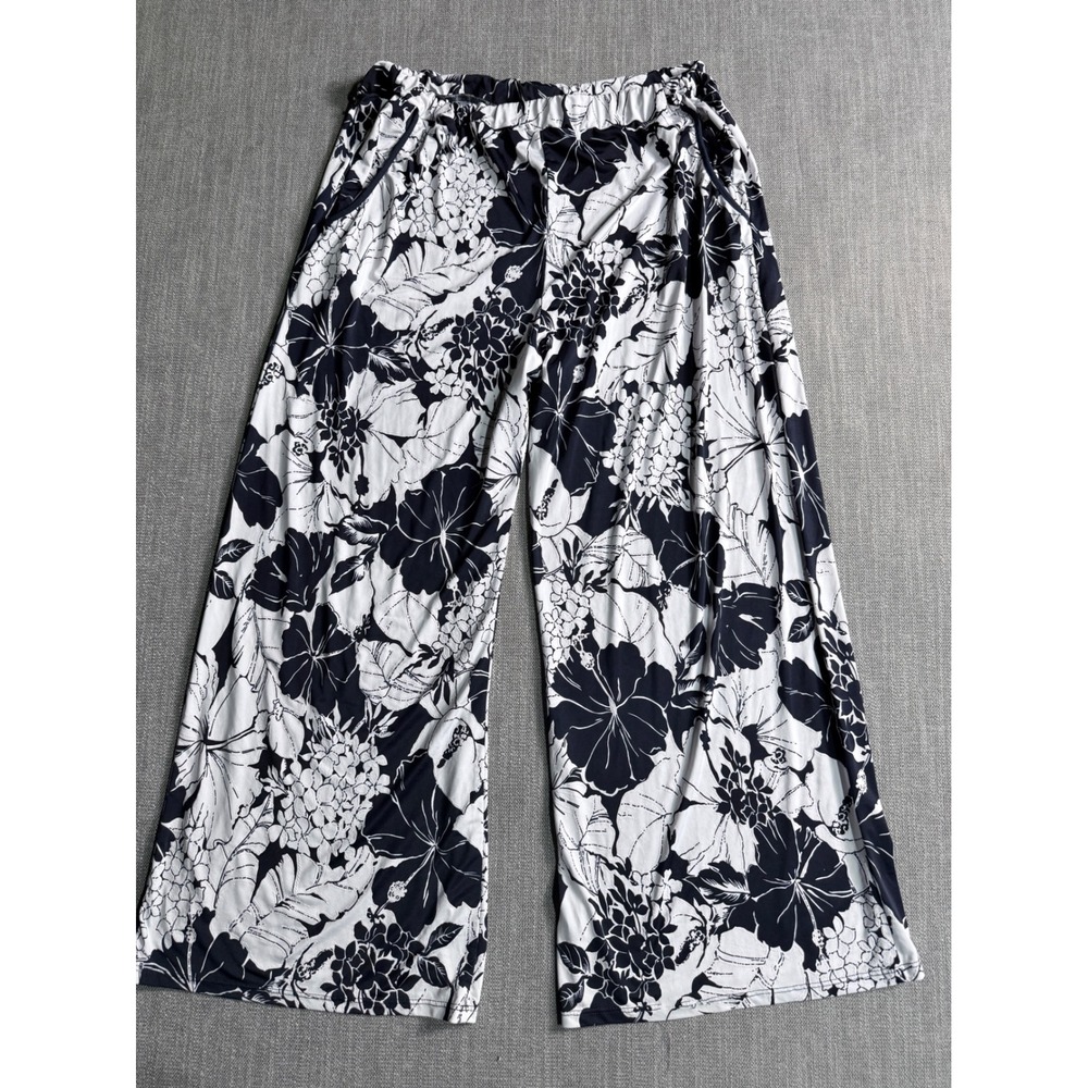 Espresso Womens XL Navy Blue White Floral Hibiscus Wide Leg Palazzo Pants Summer